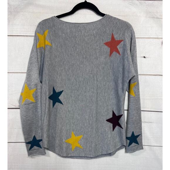 Rachel Zoe Gray Sweater with multicolored stars. Size SM 5% cashmere Super Soft - Picture 2 of 6
